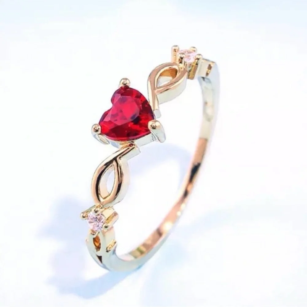 NEW Dainty Gold Heart Ring with Red Gemstone size 7